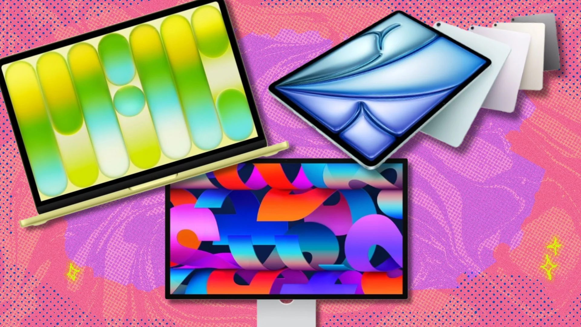the new Apple MacBook Neo, Apple Studio Display, and iPad Air on a pink and purple background
