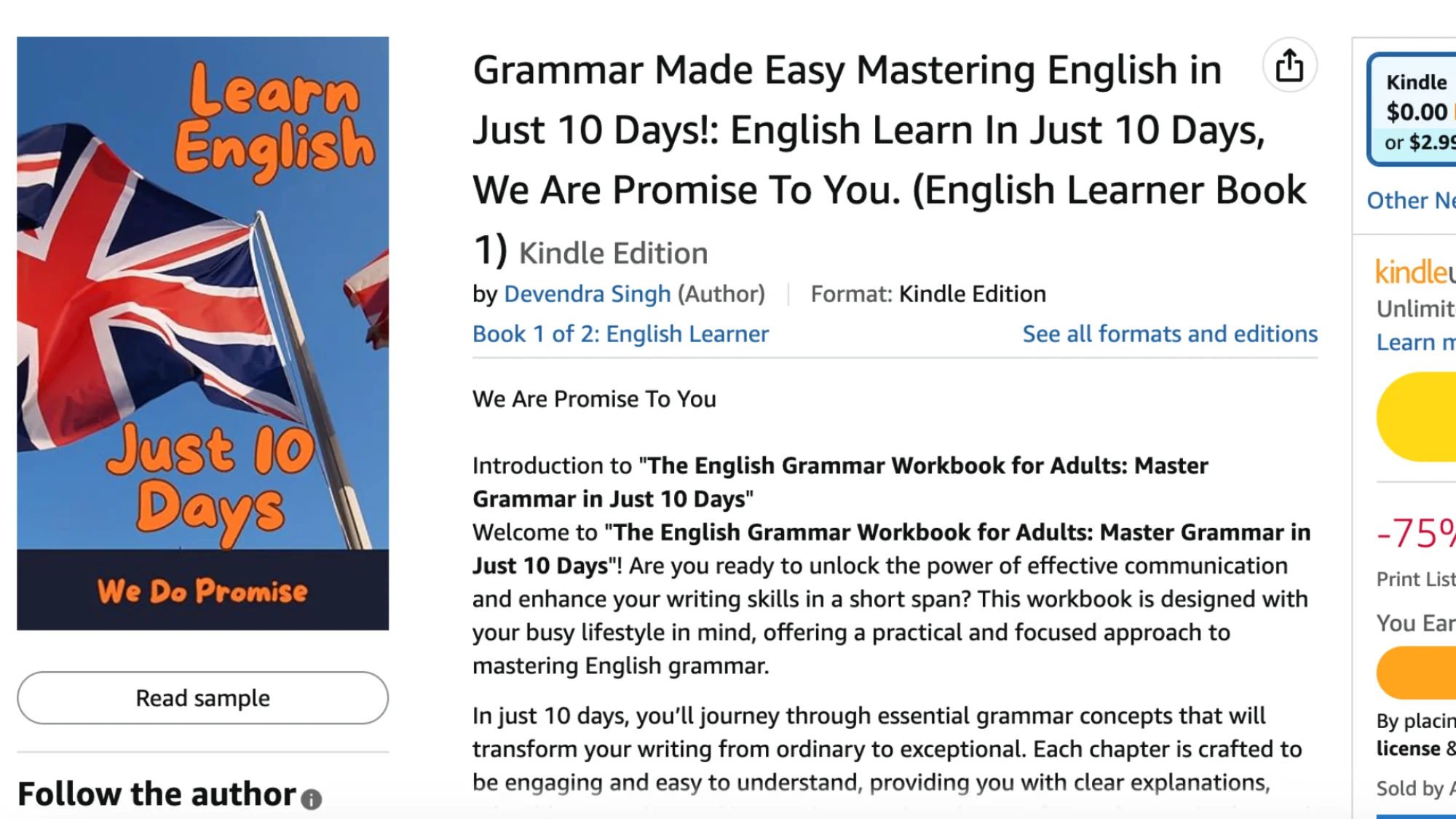 The Amazon listing of 'Grammar Made Easy Mastering English in Just 10 Days!'