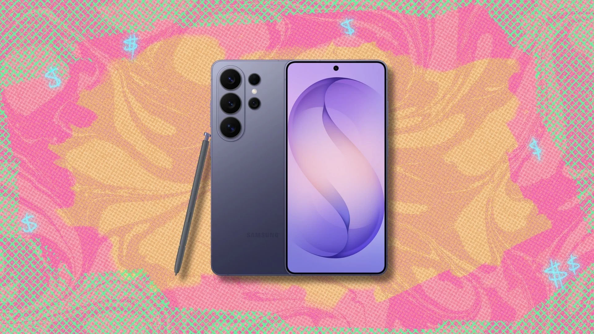 samsung galaxy s26 ultra against a yellow, pink, and green patterned background