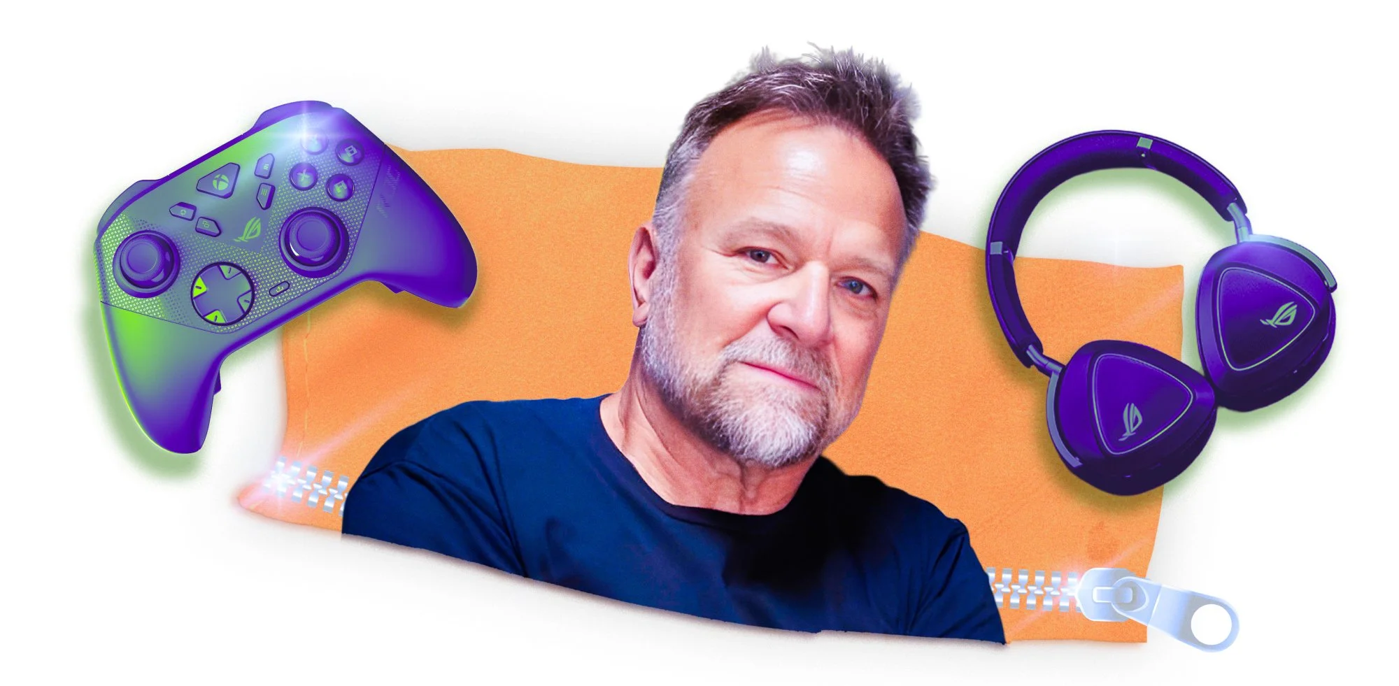 ned luke next to a gaming headset and controller