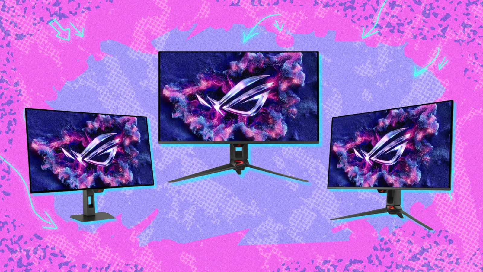 ASUS gaming monitors with purple and pink background